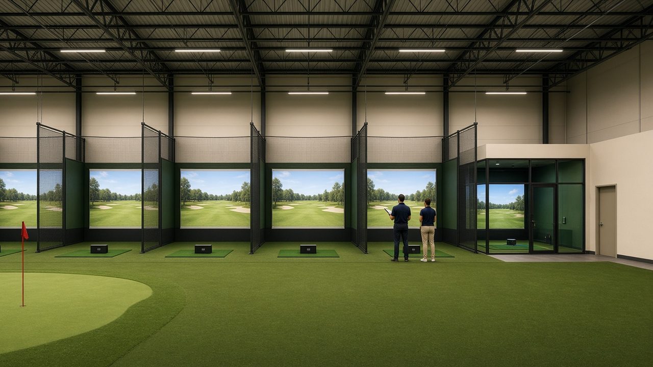 Concept rendering of six training bays in a row with netting dividers, the glass fitting studio at the right end and the putting green in front