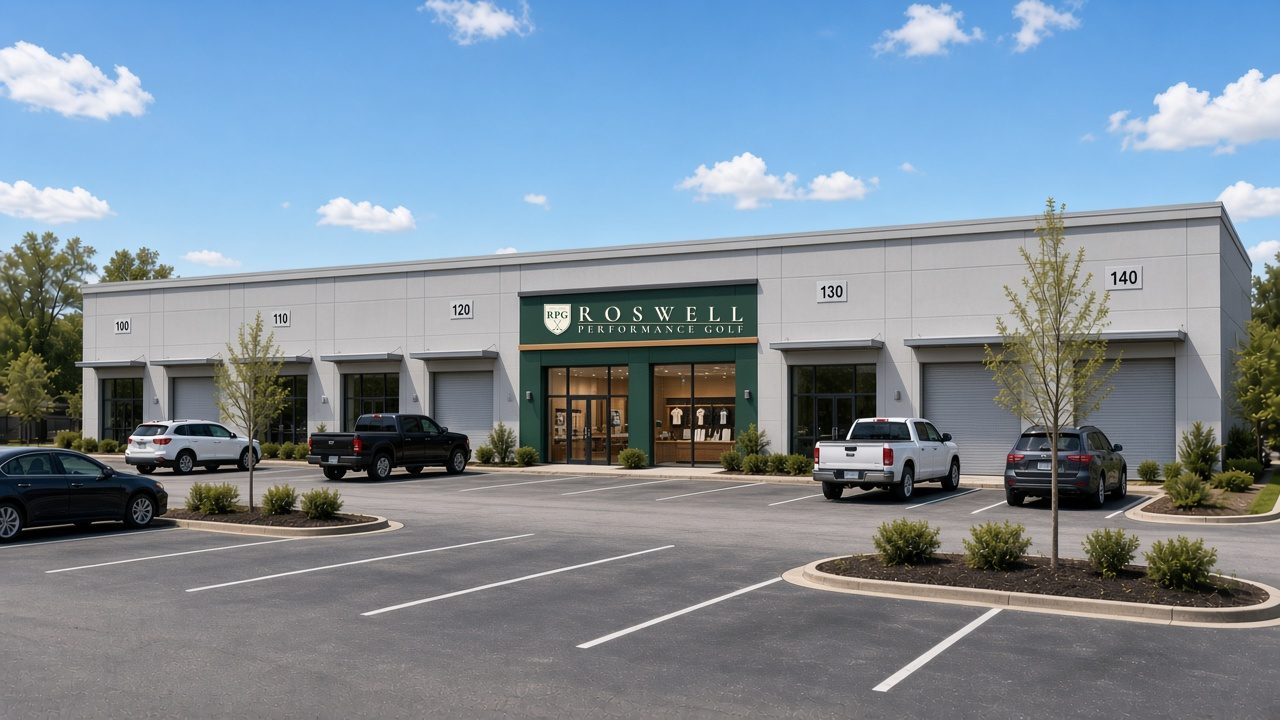 Concept rendering of the Roswell Performance Golf storefront, with the RPG crest sign, in a Roswell business park