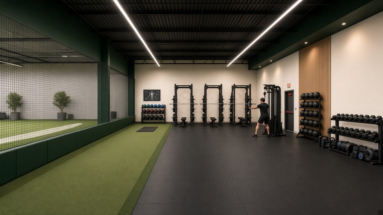 Concept rendering of the golf-fitness gym with three racks, a cable column, dumbbells and a turf mobility lane
