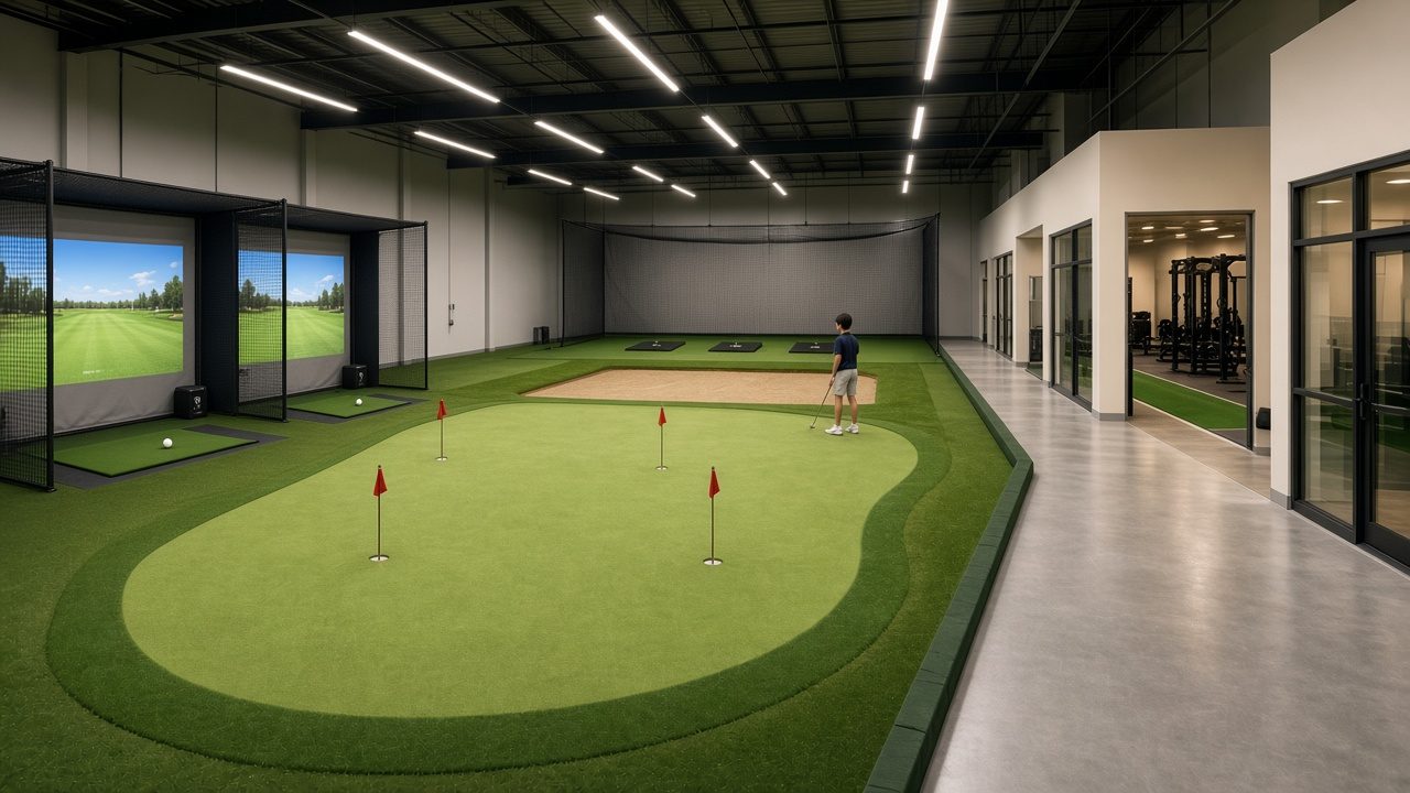 Concept rendering of the indoor short-game area: putting green with flags, bunker zone and chipping turf beside the walkway