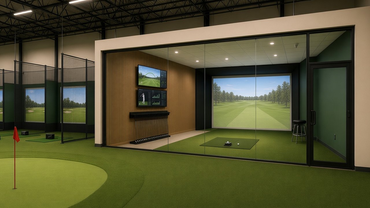 Concept rendering of the glass club-fitting studio with impact screen, launch monitor, data displays and demo club rack